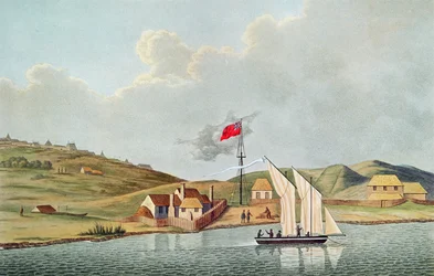 Engelska missionärer i Kidikidi, Nya Zeeland, från "Voyage Autour du Monde sur les Corvettes de l